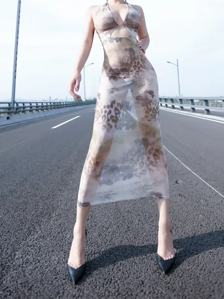 Tie-Dyeตาข่ายลูกไม้Sheerชุดบางโปร่งใสVคอร้อนเซ็กซี่พิมพ์ตาข่ายบุคลิกภาพชุดยาวElegantผู้หญิง