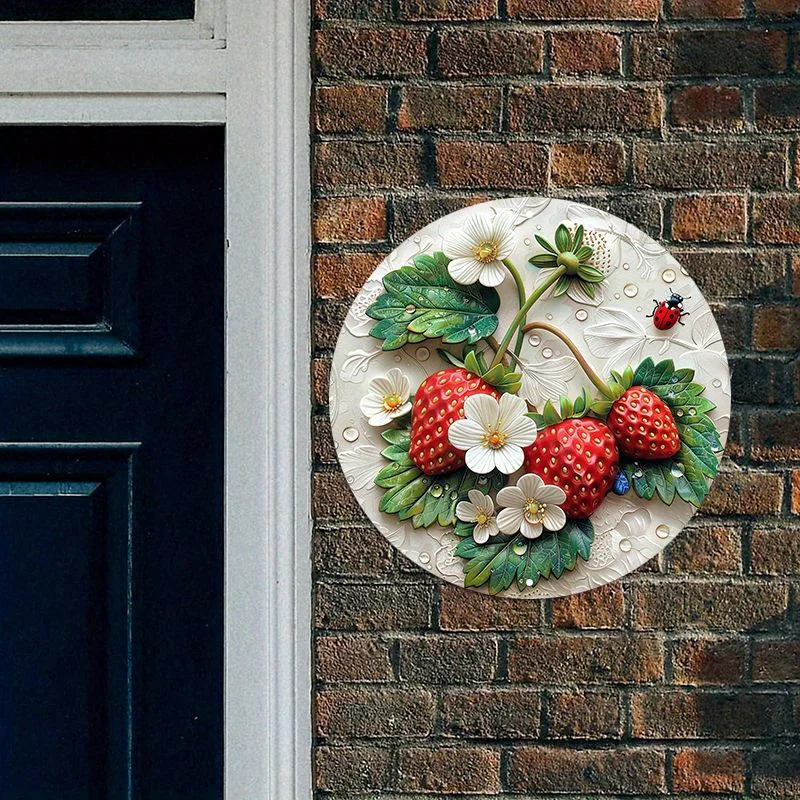 Stampa artistica di fragole e ghirlande floreali in alluminio, coccinella e fiori, insegna in metallo 2D, decorazione da parete per la casa e il