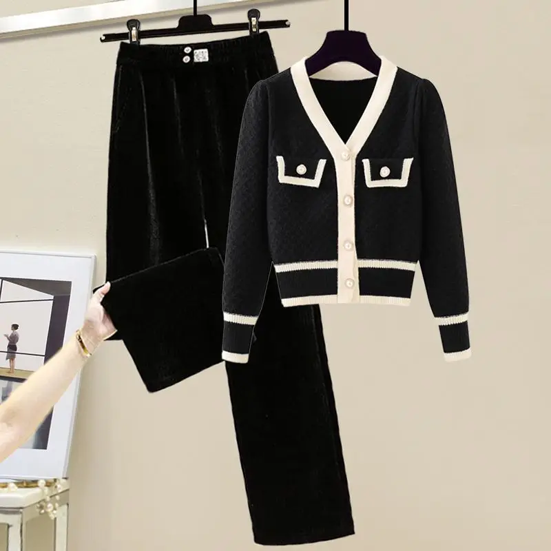 Autumn and Winter Set Women\'s New Fashion Slim Fit and Slimming Cardigan Sweater Solid Color Casual Wide Leg Pants Two-piece Set