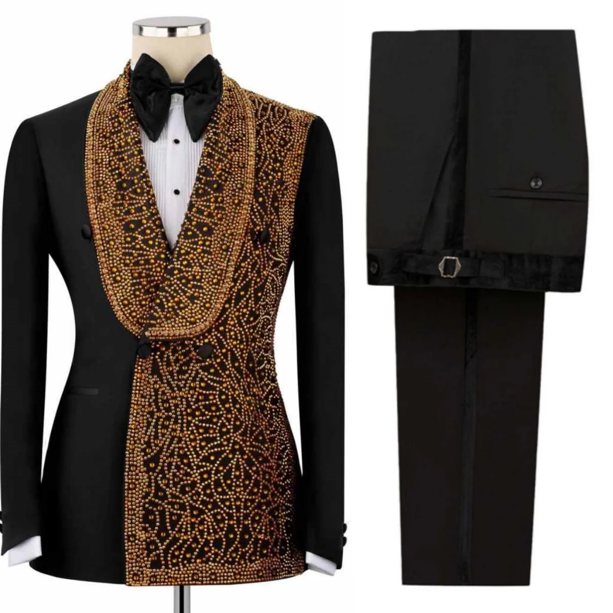 

Luxurious Men Blazer Sets Shawl Lapel Double Breasted Groom Wedding Tuxedos Beaded 2 Pieces Customized Business Party