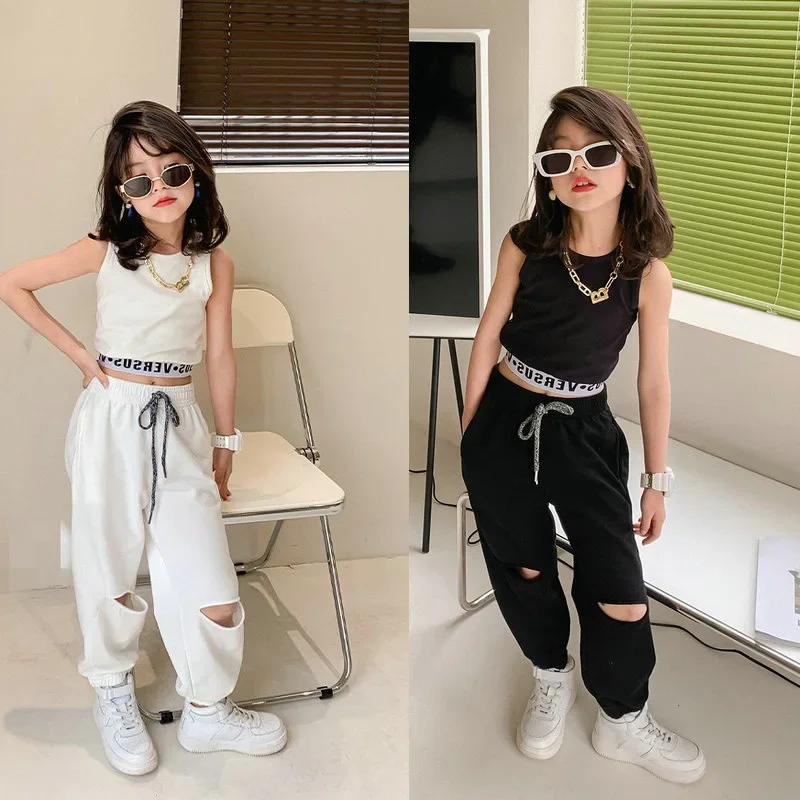 

Summer Fashion Baby Girls Cotton Sleeveless Slim t-Shirt Tops + Drawstring Ripped Pant Sets Kids 2 Pieces Outfits 2-8 Years