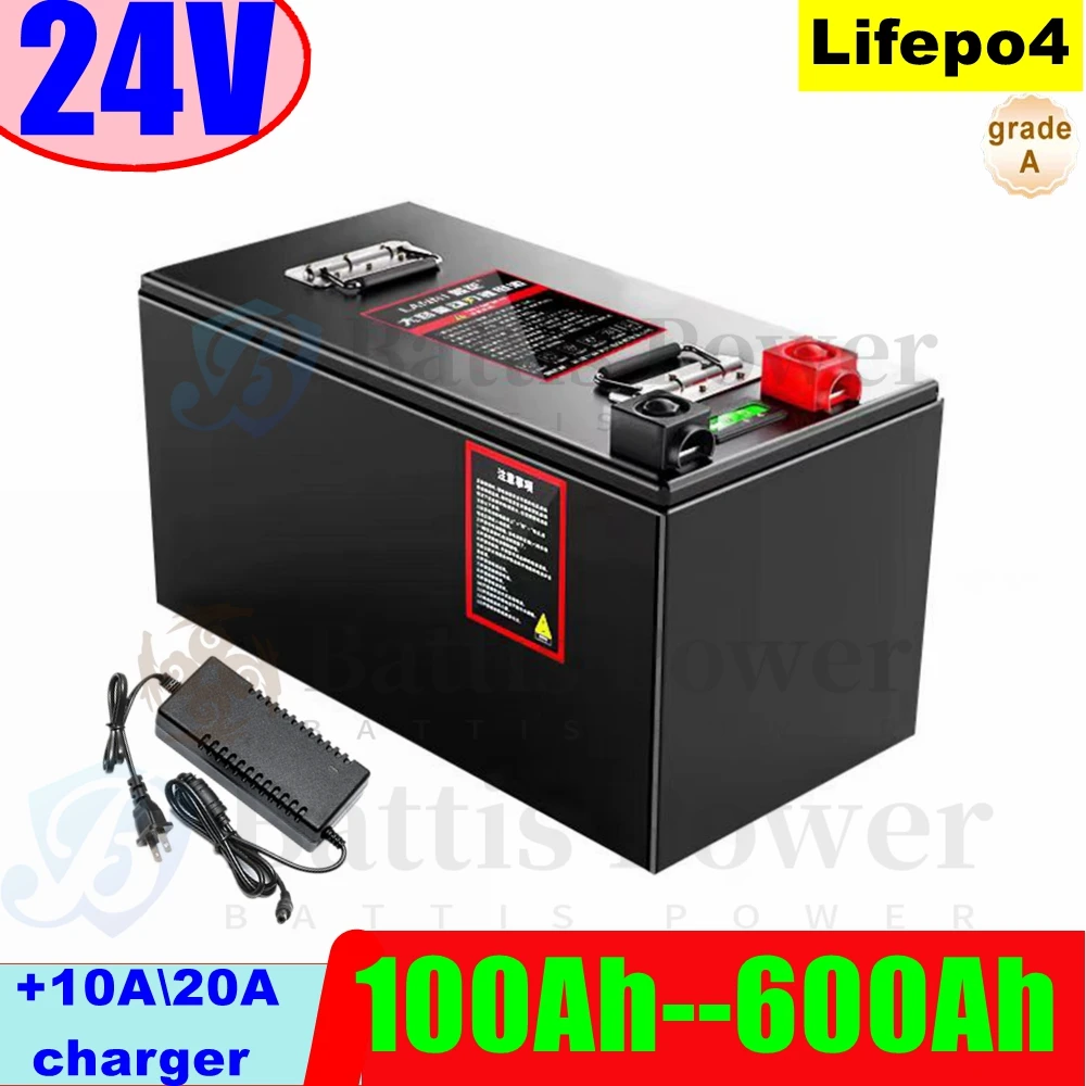 Lifepo4 24V 100Ah 150Ah 200Ah 300Ah 400Ah 500Ah 600Ah Rechargeable Battery for 2000W Solar System UPS Trolling Motor RV Boat