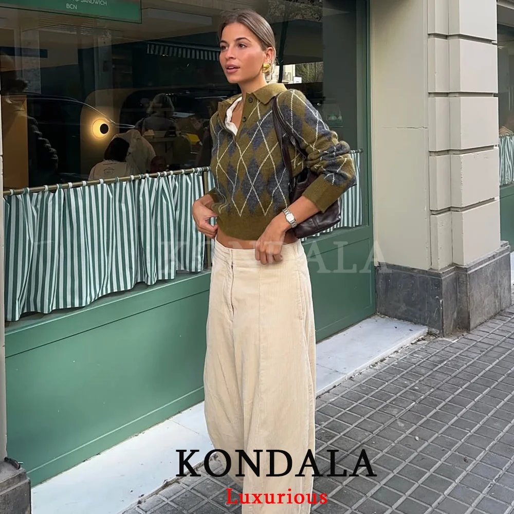 KONDALA Casuai Chic Green Plaid Knit Women Sweaters Long Sleeve Buttons Pullovers Fashion 2025 Autumn Winter Thick Warm Tops
