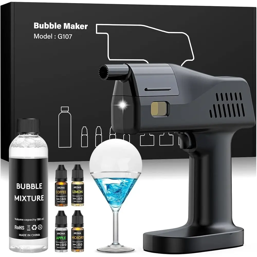 

Cocktail Smoke Bubble Gun with 4 Flavor Oils and Edible Bubbles - Perfect Gift for Bartenders and Drink Enthusiasts