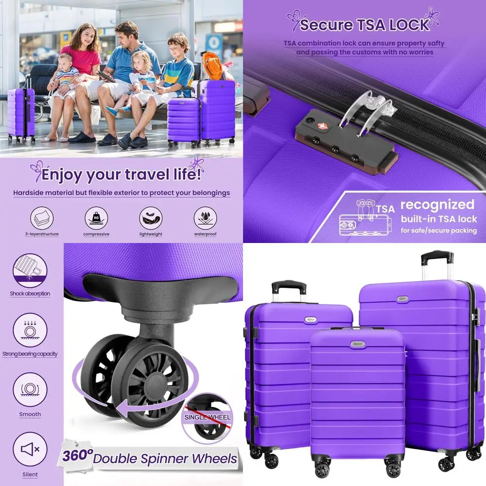 

Набор чемоданов из 3 предметов с 4 вращающимися колесами, замком TSA, 20–24–28 дюймов, фиолетово-фиолетовый