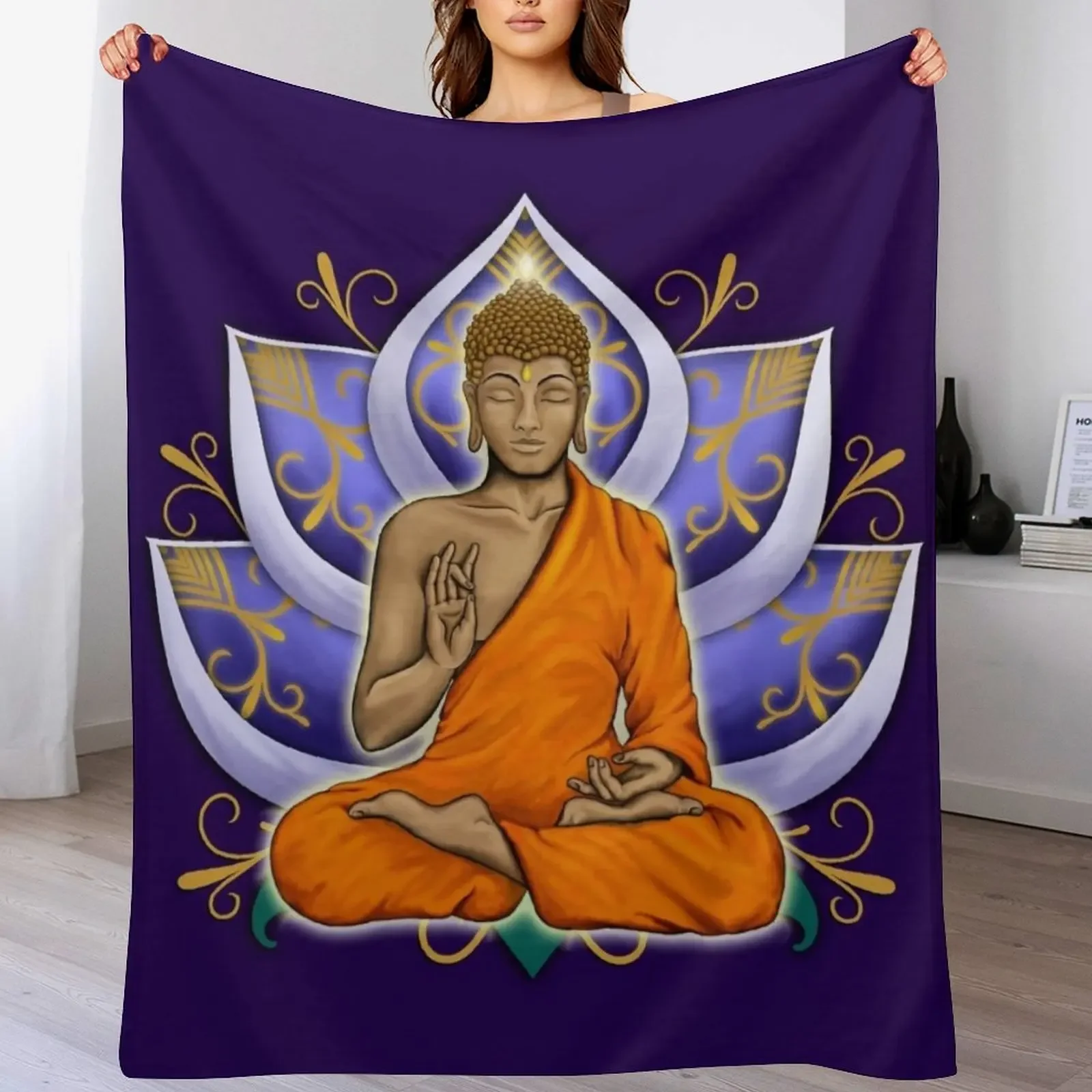 Abhaya Mudra Buddha with Violet Lotus Flower Throw Blanket Bed linens Single Blankets