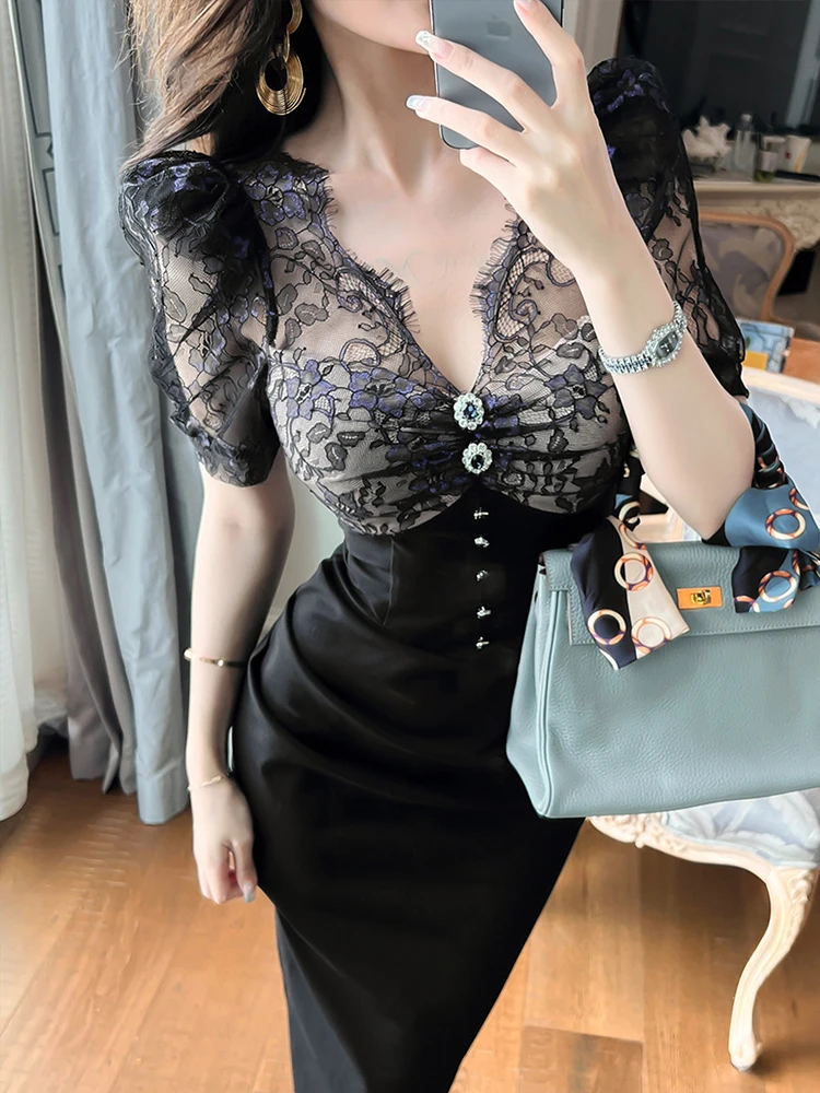 Summer Dress 2023 Women Elegant Sexy Sheer Lace Embroidery Black Bubble Sleeve Split Robe Party Date Banquet Vestido Feminino