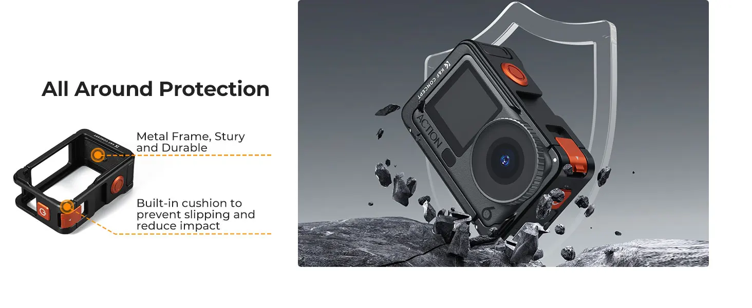 K&F CONCEPT Aluminium-Schutzmetallkäfig für DJI Osmo Action 6, werkzeuglose Schnellmontage, Cold Shoe, 1/4"-Gewinde, integrierte – Detail 4