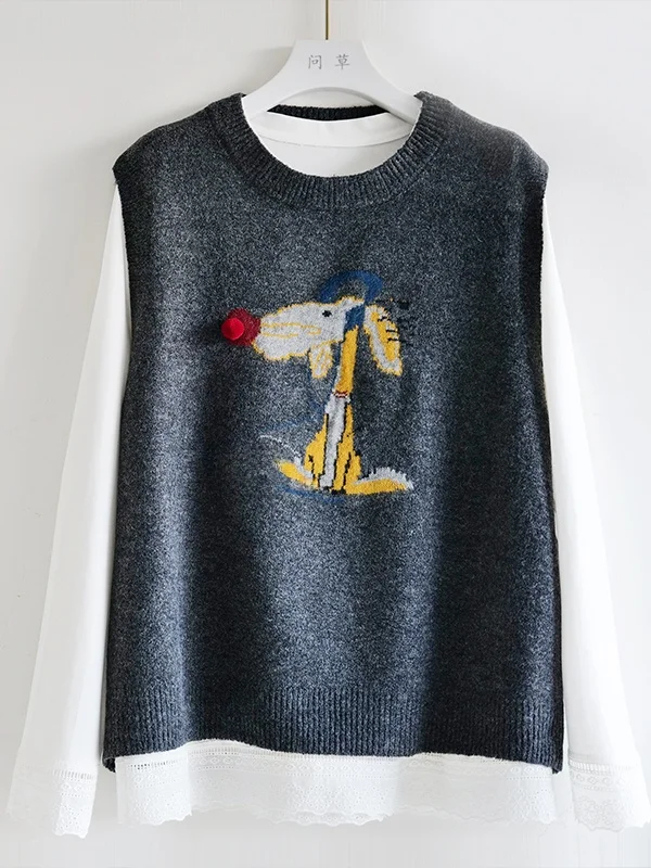 

Новинка 2025: Корейский вязаный жилет с узором в виде собак, комплект из двух предметов с круглым вырезом, кружевной отделкой и ботинками, милый стиль