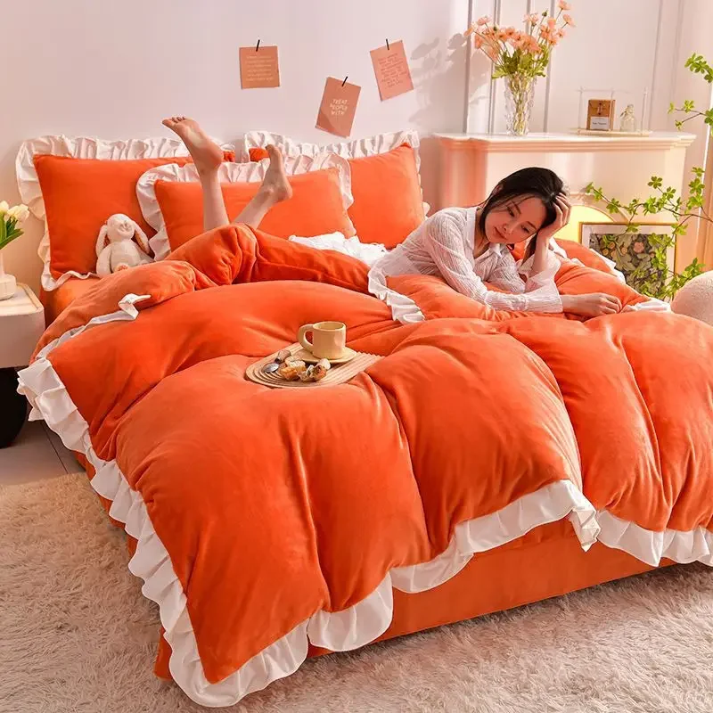 Orange Bedding Set Luxury Winter Warm Thicken Mink Milk Velvet Duvet Cover Bed Sheet Set Girls Flannel Queen Comforter Bed Sets