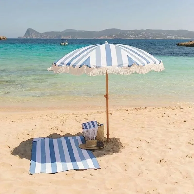 2M Yellow Striped Sun Umbrella with Tassels Outdoor Shade for Beach Camping Garden Sun Protection
