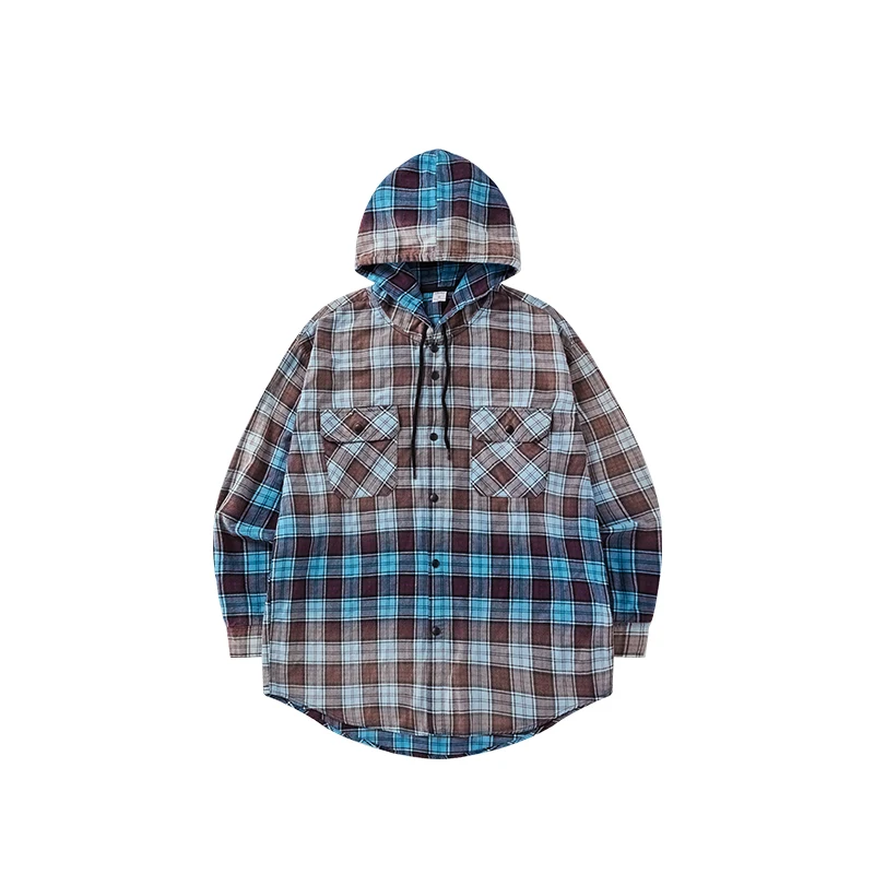 Autumn high-end new Korean version of the retro gradient loose hooded shirt casual personality plaid square blouse