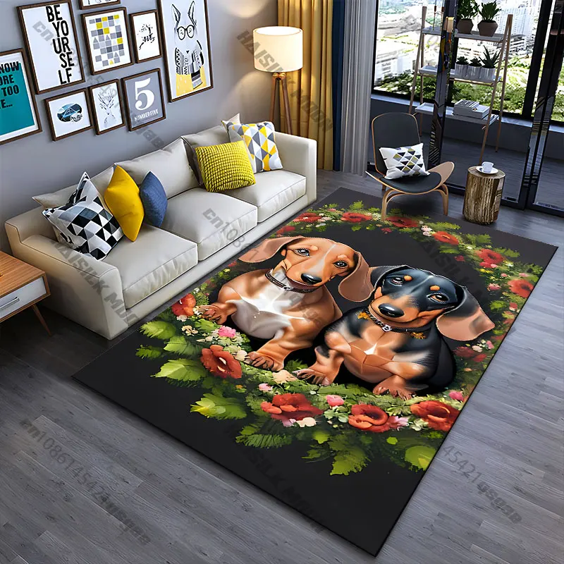 Hunde, umgeben von einem Blumenkranz-Teppich, Yoga-Wohnzimmer-Dekoration, Krabbelmatte für Kinder, Fußmatte, Teppich, Spielmatte