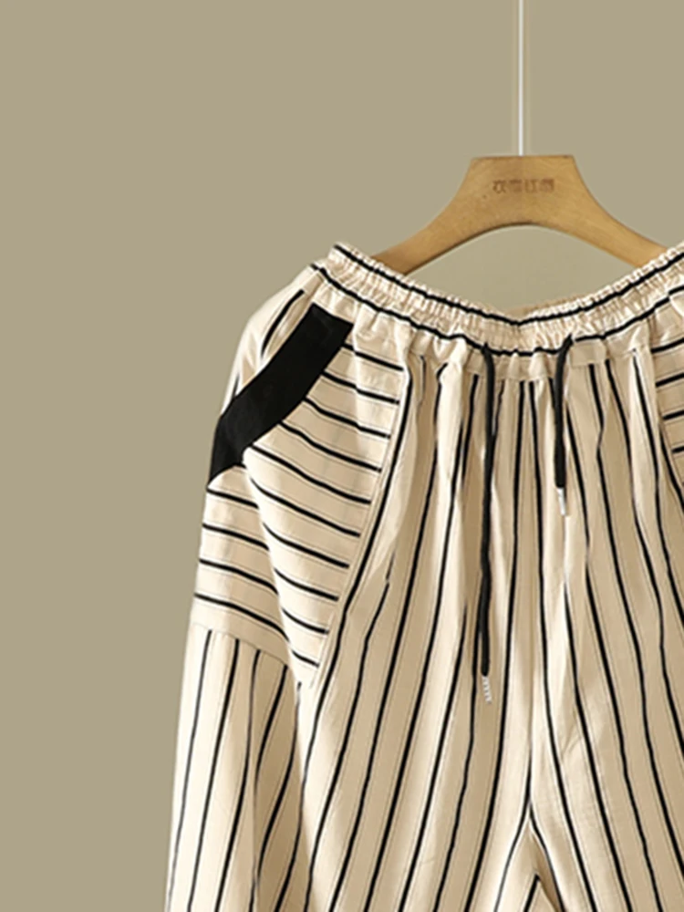 High Waist Wide Leg Harlan Pants Cotton Linen Belted Casual Summer Slimming Eighteen Pants Striped Pattern Large Size Women's