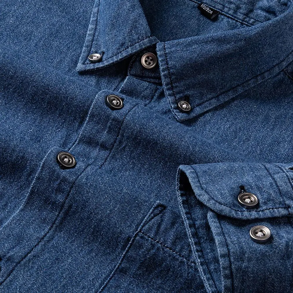 Men's Versatile Casual Long Sleeve Denim Shirt with Pocket Regular Fit Thickened Fleece Autumn  Collar Nine Points Sleeve