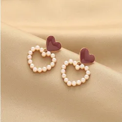 925 Silver Needle Korean Fashion Red Heart Earrings For Women Jewelry 2026 Trending Luxury Vintage Women's Pearl Drop Earrings