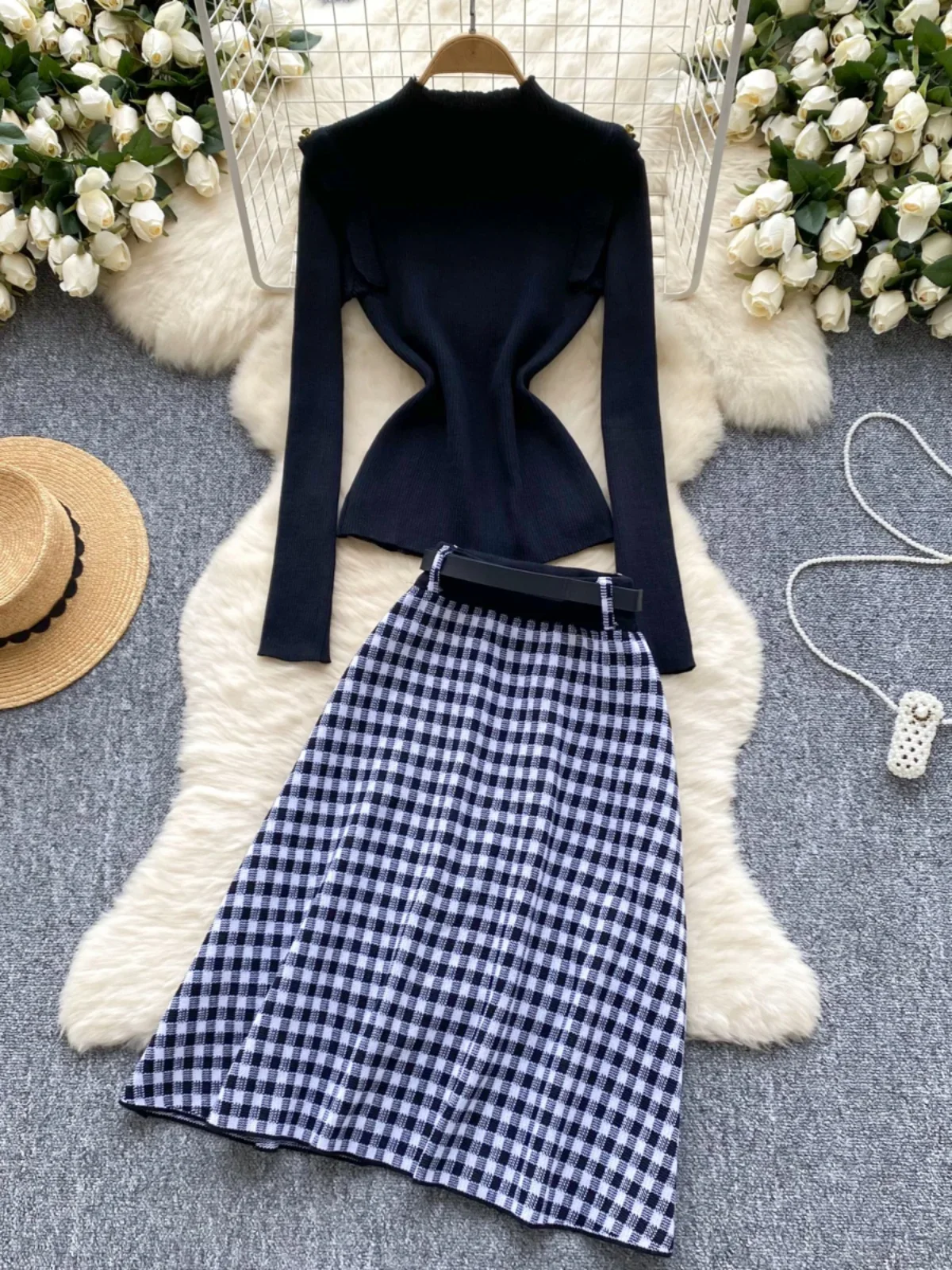 Autumn Winter Sweater Two Piece Sets Women Slim Long Sleeve Knit Sweater Top+high Waisted A-line Plaid Skirt Vintage Suits