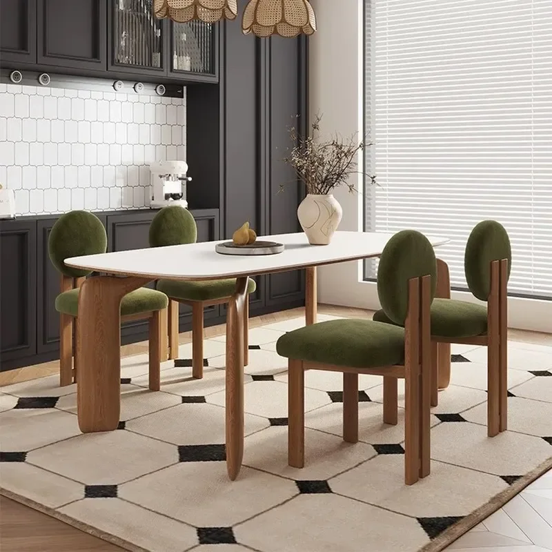 Nordic Solid Wood Dining Table with Rock Slab Top Rectangular Cream Style Simple Design for Small Apartment Home Use Includes