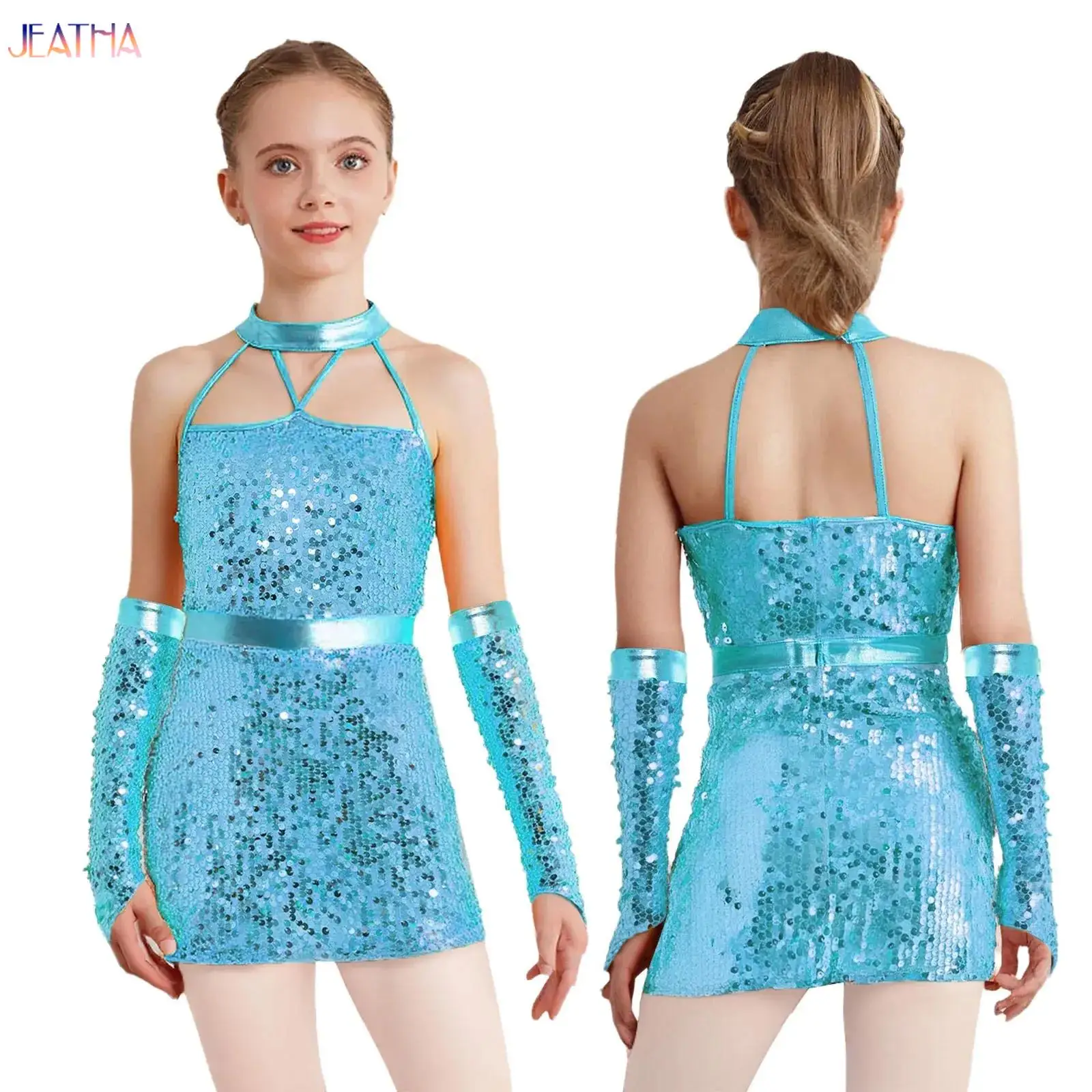Vestido de leotardo de baile de Jazz latino con lentejuelas para niñas con guantes para patinaje artístico Salsa salón de baile Cha-cha Tango Samba Rumba Performance
