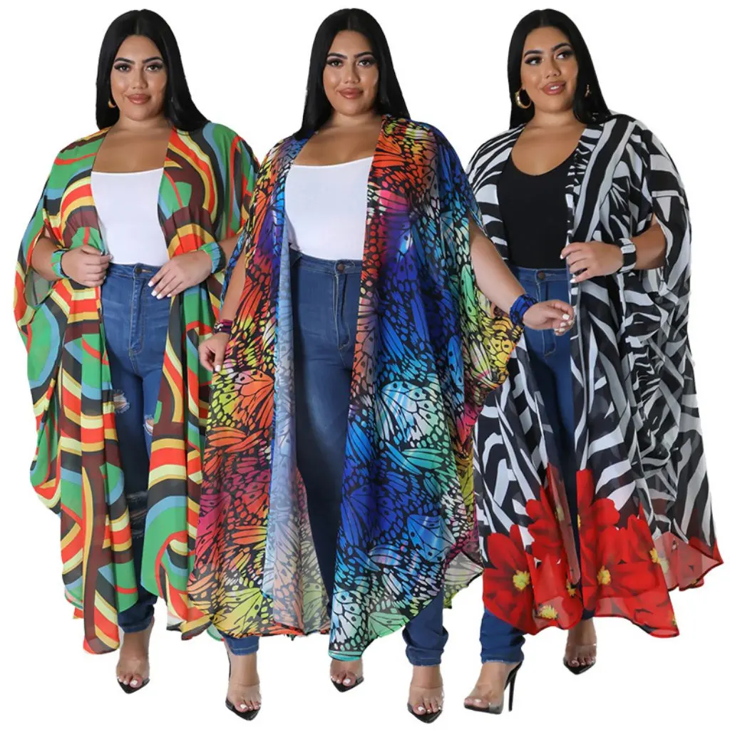 

plus Size Women's Long Printed Chiffon Cloak Shirt Fashionable European And US Style Available on