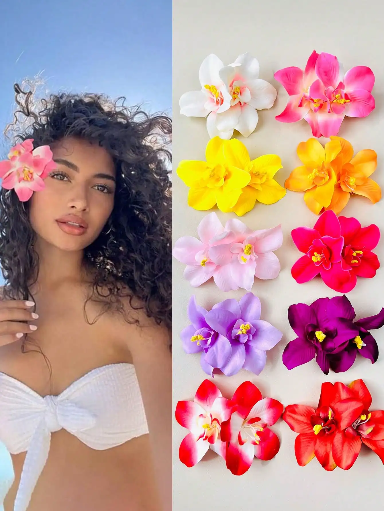 

10pcs Artificial Fabric Flower Hair Clips for Women, Beach Vacation Boho Style Solid Color Floral Hair Accessories