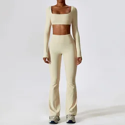 Gym Yoga Suit 2PCS Tight Fitting Sports Set Workout Breathable T Shirts Bra Tank Top Loose Bell-bottoms Leggings Women Tracksui