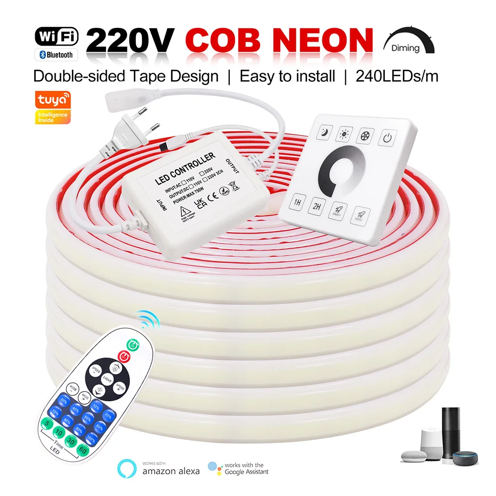 عكس الضوء COB LED شريط النيون ضوء الجدار اللمس واي فاي بلوتوث 23key التحكم عن بعد طقم الطاقة 220 فولت 240LED مع حبل السيليكون IC