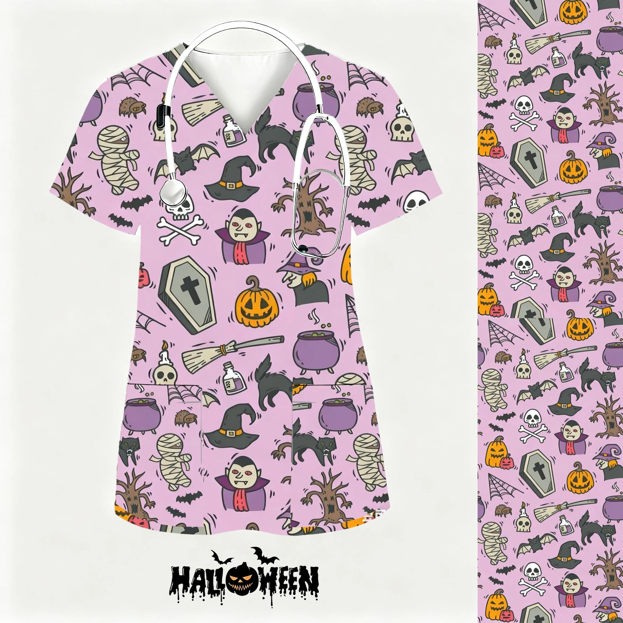 ชุดยูนิฟอร์มแพทย์หญิง The Nightmare Before Nurses เสื้อแขนสั้นแบบมีกระเป๋า ชุดสครับแพทย์หญิง ชุดยูนิฟอร์มทางการแพทย์