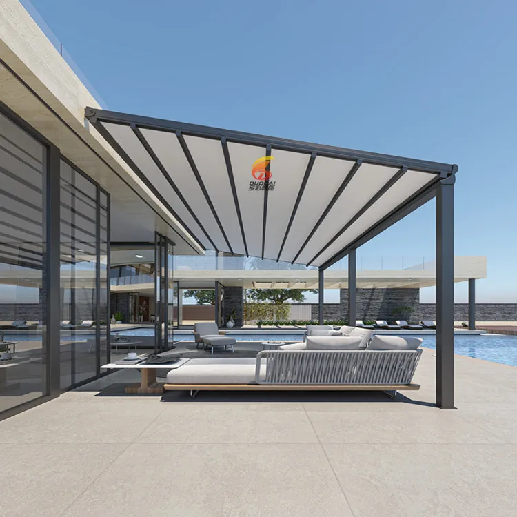 Motorized Powder Coated Fabric Roof Retractable Pergola with Rain Sensor Eco-Friendly Outdoor Aluminum Waterproof Remote Control