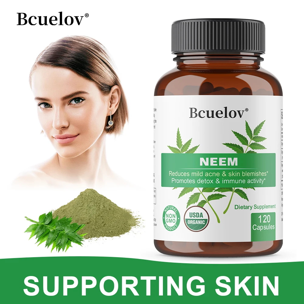 Organic Neem Leaf Capsules, Herbal Antioxidant Supplement for Clear Skin, Immune, Digestive & Liver Daily Detox Wellness Support