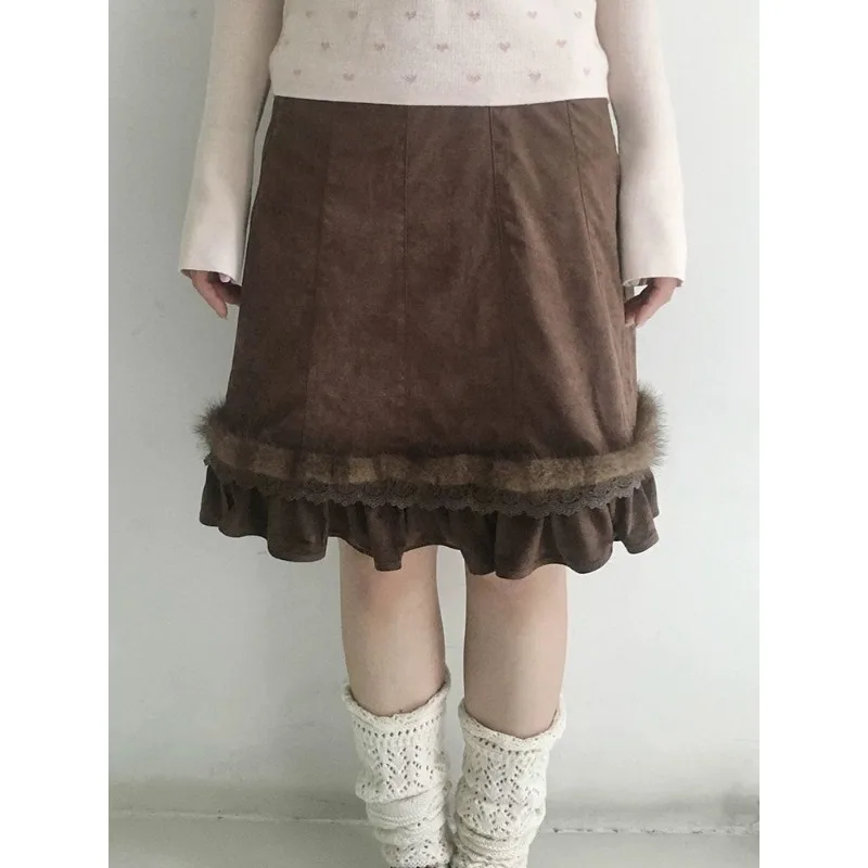 Vintage Lace Stitching Casual A-line Skirt Women 2025 Winter High Waist All-match Ruffled Knee Length Skirt