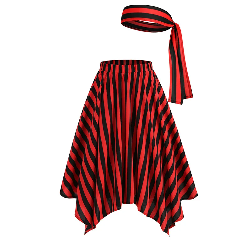 Falda de rayas de bloque rojo y negro para mujer, traje de pirata con cinturón, dobladillo Irregular, moda Medieval de Halloween, fiesta de Carnaval