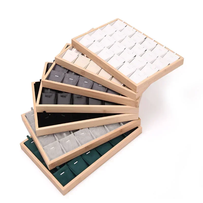 24Grids Bamboo Jewelry Pendant Tray Necklace Storage Jewelry Organizer Tray Holder Showcase For Drawer
