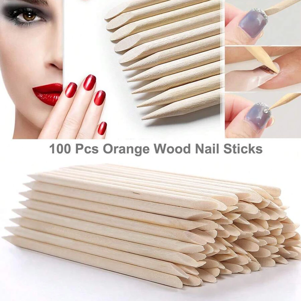 YIKOOLIN 100PCS Set spingipelle e rimozione cuticole Strumenti per nail art con 6 diverse dimensioni Bastoncini di legno Forchette per rimozione cuticole