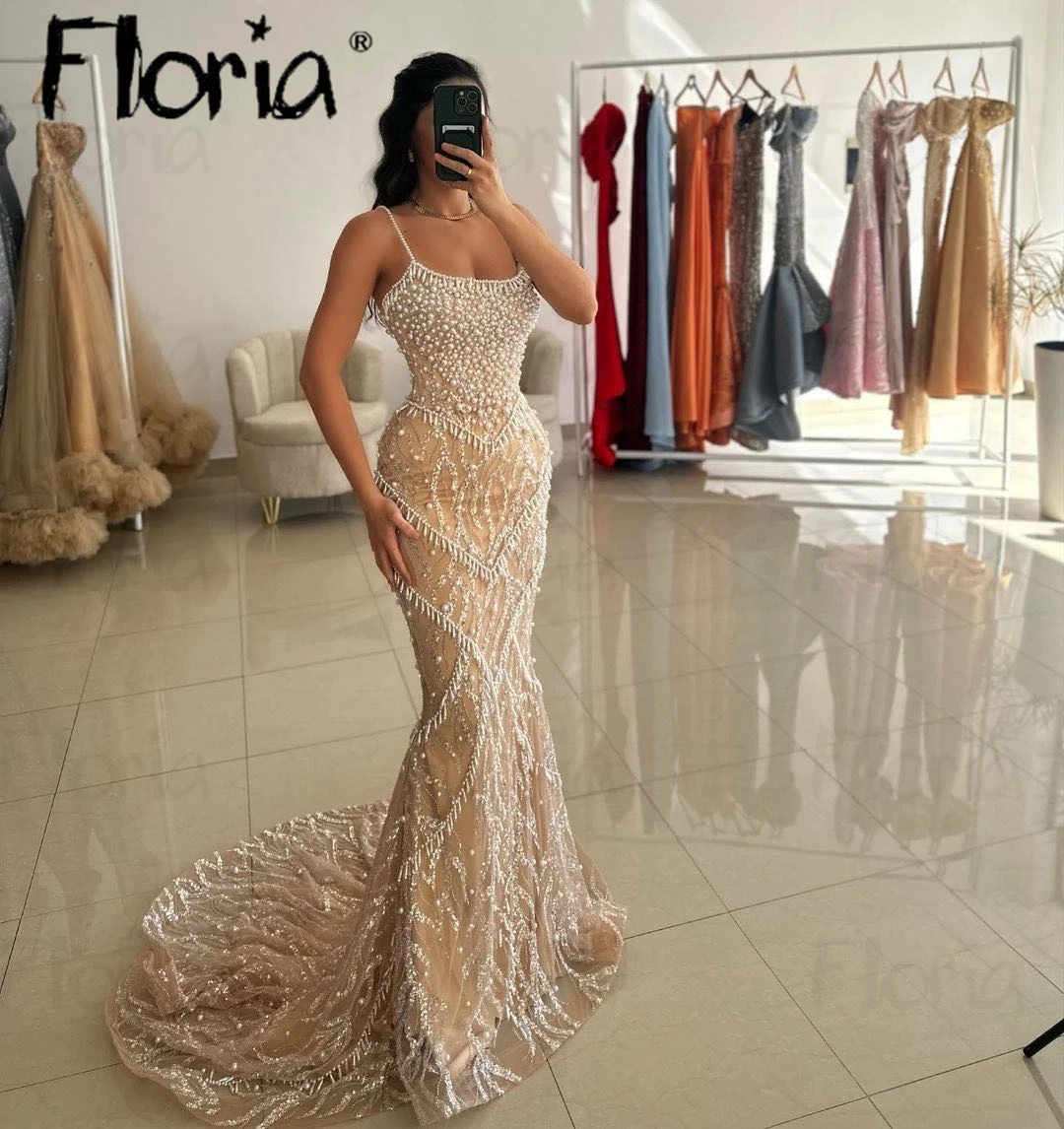 Full Pearls Champagne Spaghetti Straps Party Dress Arabic Elegant Mermaid Off Shoulder Luxury Prom Dresses Vestido De Noiva