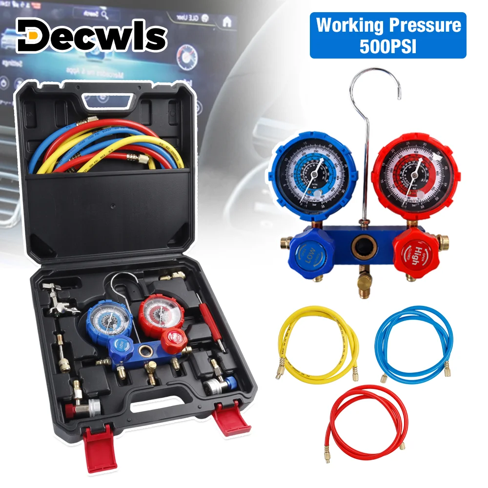 Car Air Conditioning Manifold Gauge Kit, Car Air Conditioning Refrigerant Charging Tool, 1/4" Connector, For R-134a Refrigerant