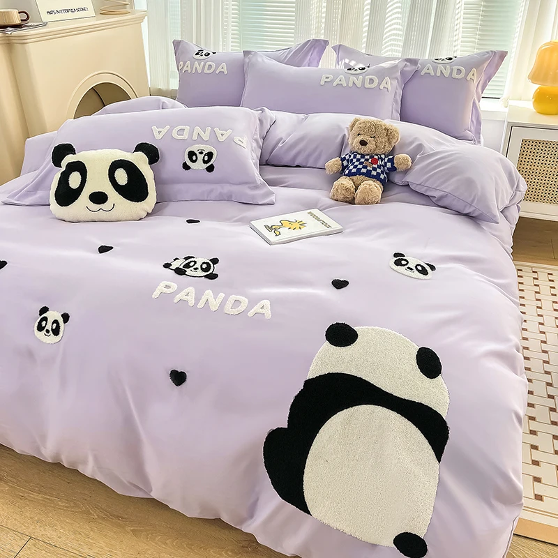 Comforter Sets Ins Style Bedding Set Panda Single Flat Sheet Duvet Cover Pillowcase Purple Towel Embroidery Queen Size Bed Linen