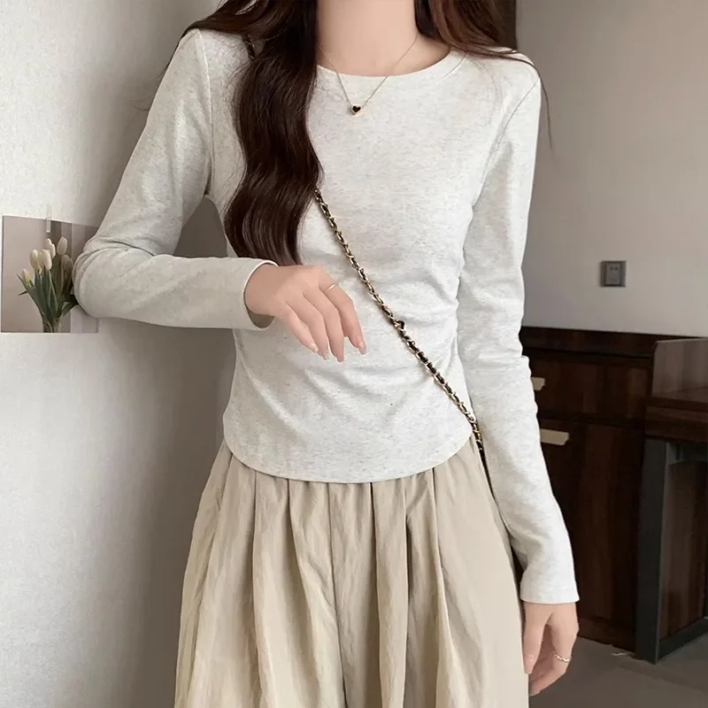 Long Sleeve Soft Waxy facial mask T-shirt Women's  New Style with Solid Color Drawn pleat Inside to Show Slim Design Top