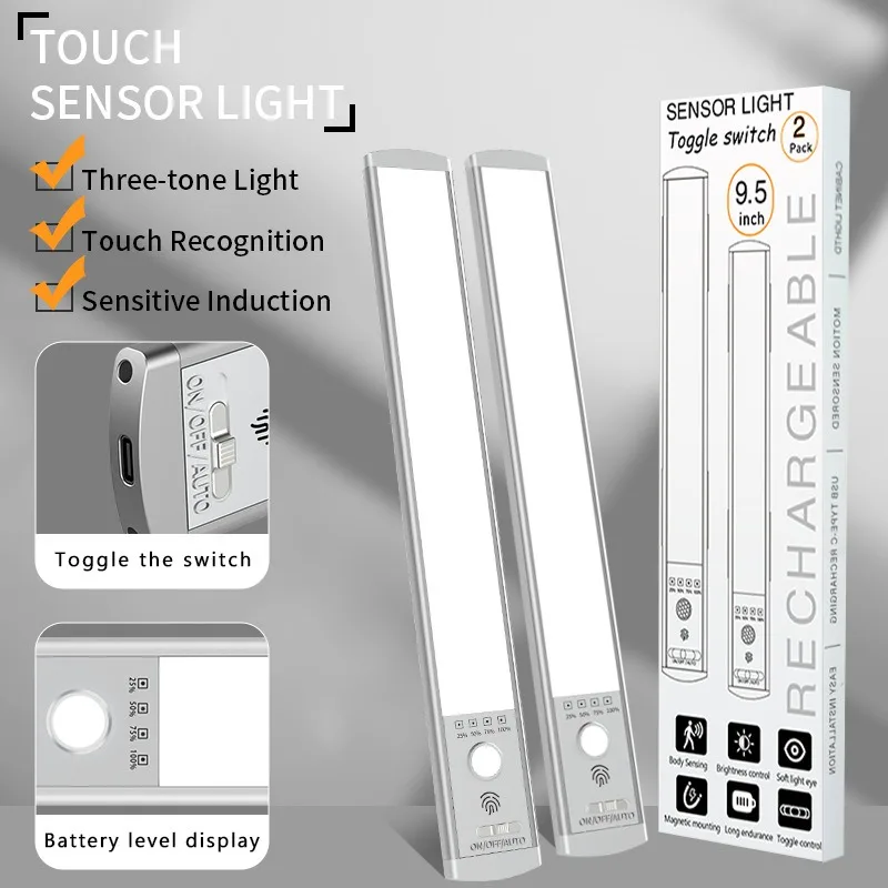 

Touch Sensor Light Hole-free Magnetic Suction Cabinet Closet Light Strip Three Colors Light Adjustable Rechargeable Lamp New
