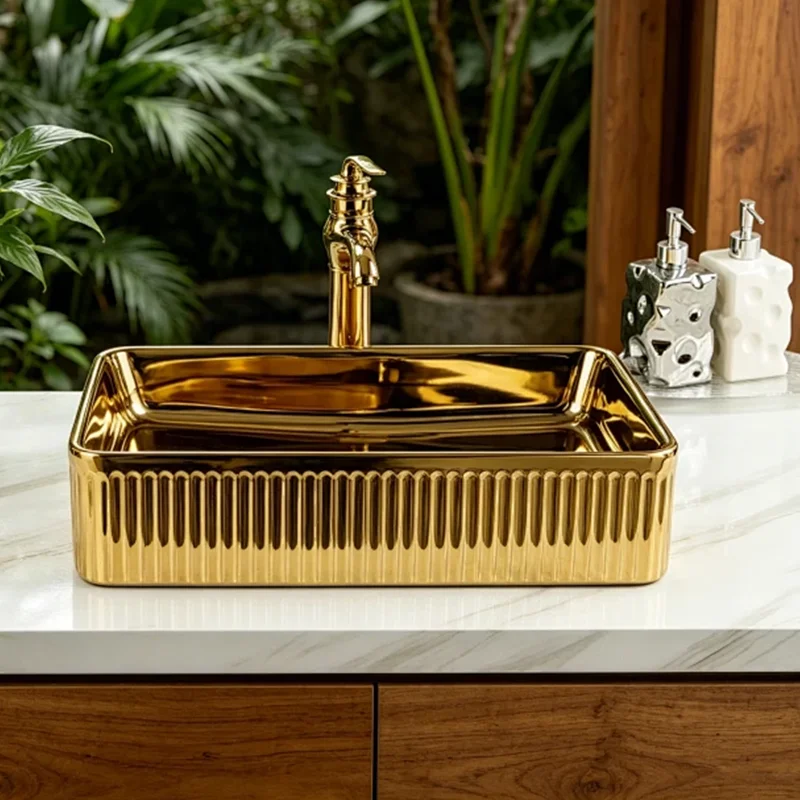 51Cm*35Cm Rectangular Gold Striped Ceramic Washbasin, Ideal for Modern Bathroom Fixtures, Suitable for Changing Rooms, Vanity Tables, Bathrooms, Toilets, and Rvs