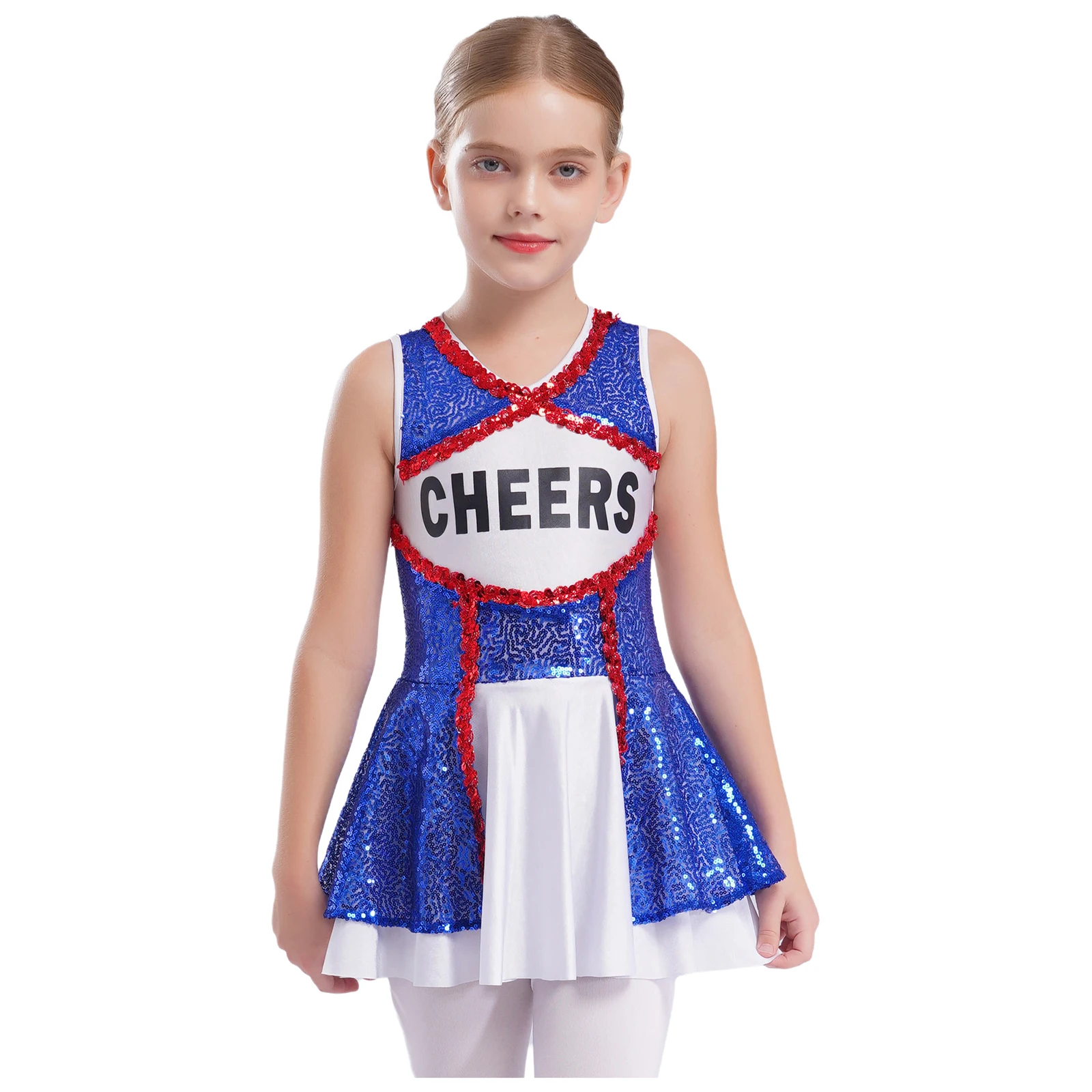 

Kids Girls Cheerleading Dance Dress Schoolgirls Uniform Sleeveless Color Block Shiny Sequins Dress Dance Performance Costume