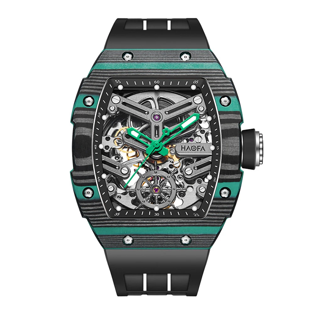 Haofa Carbon Fiber Automatic Mens Watch 3D Skeleton Dial Sapphire Luminous Self Wind Mechanical Watches Waterproof Luxury 1982