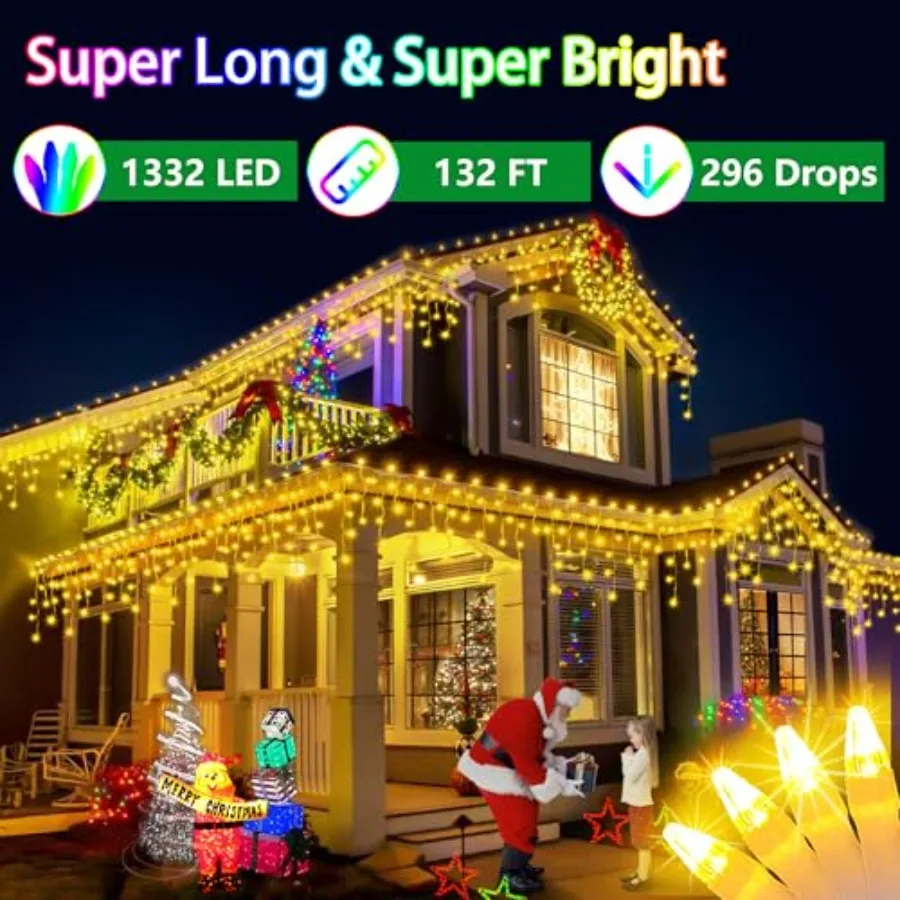 132Feet 1332 LED Outdoor Christmas Lights - 296 Ice Drops 12 Pro Modes with Timer Memory and Brightness Waterproof Hanging Ice