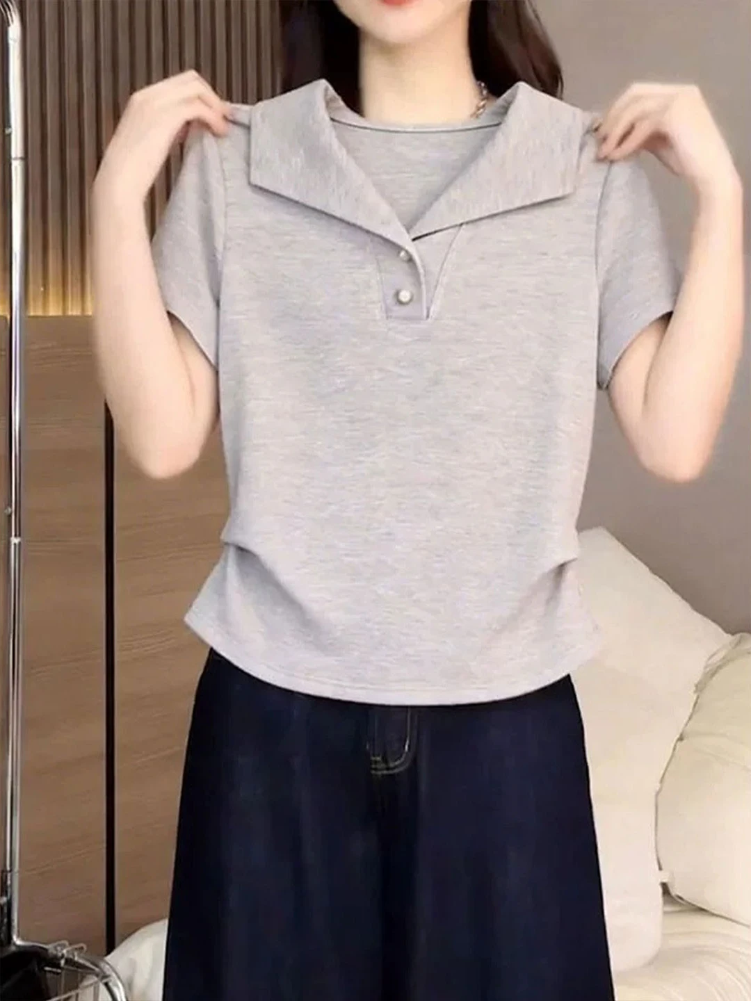 

Korean Style Pleated Waist Short Sleeve Turn-down Collar Versatile Basic Summer T-shirt Women's plus Size Inner Wear Top