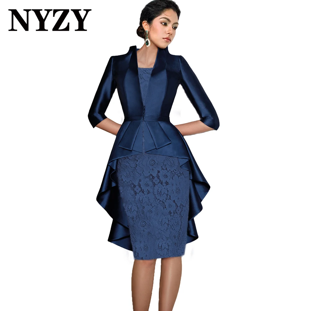 NYZY M366 Satin 2-Piece Teal Mother of the Bride Lace Dresses with Jacket 2024 Wedding Party Guest Wear Cocktail Church Gowns