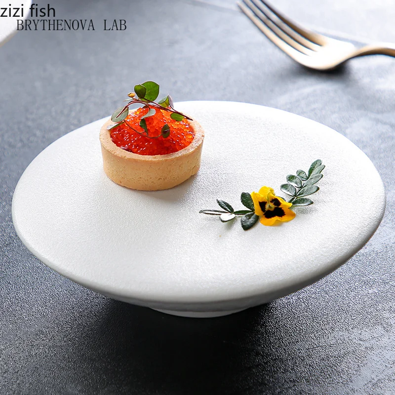 Frosted Ceramic High Footed Plate Creative Dessert Plate Snack Sushi Molecular Cuisine Tray Restaurant Circular Tableware