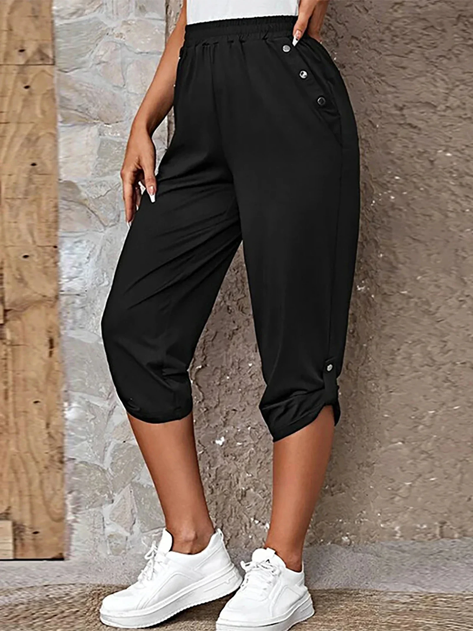 

Женские укороченные спортивные штаны с эластичной резинкой на талии, свободные повседневные летние капри с карманами, закатанные штаны, S-3XL