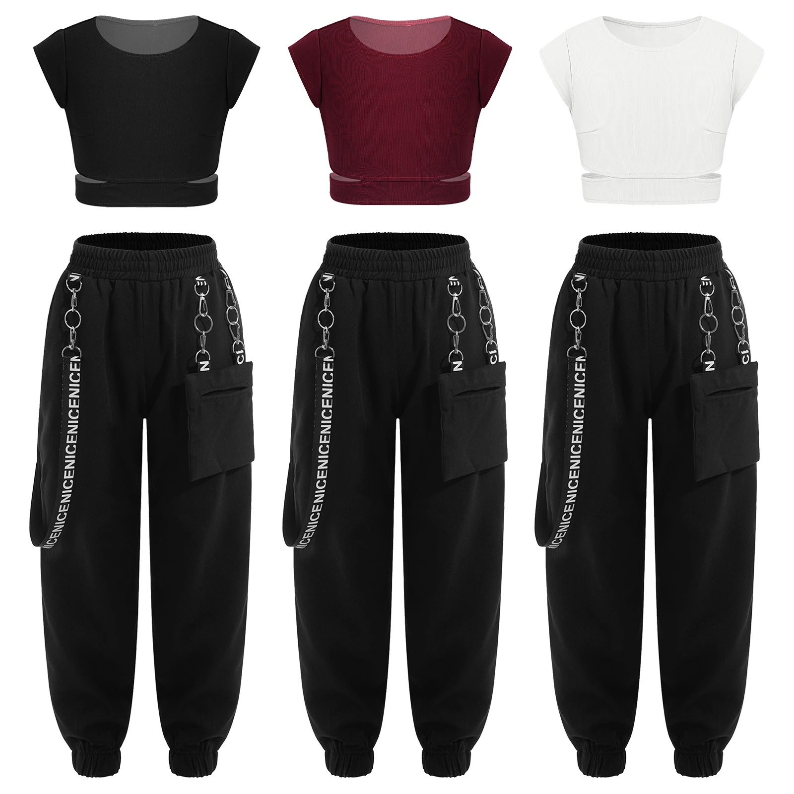 

Kids Girls Hip Hop Clothes Cap Sleeves Stretchy Tank Crop Tops+Metal Chain Cargo Pants Casual Sweatpants Jazz Dance Streetwear