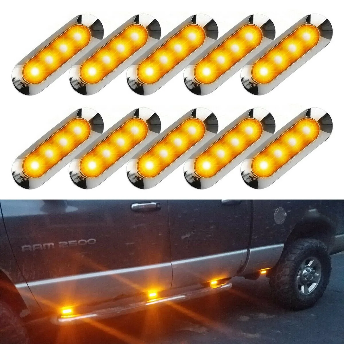 ไฟเครื่องหมายด้านข้างรถบรรทุกสีเหลืองอำพัน10X LED 12V-24V การกวาดล้าง4LED RV แคมป์