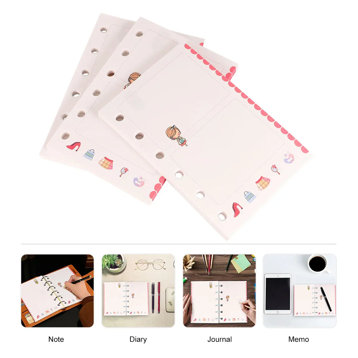 3pcs Loose-Leaf Paper Replacement Core Papers Smooth Surface Safe Colorful Design Fits 6 Ring Binders Planners